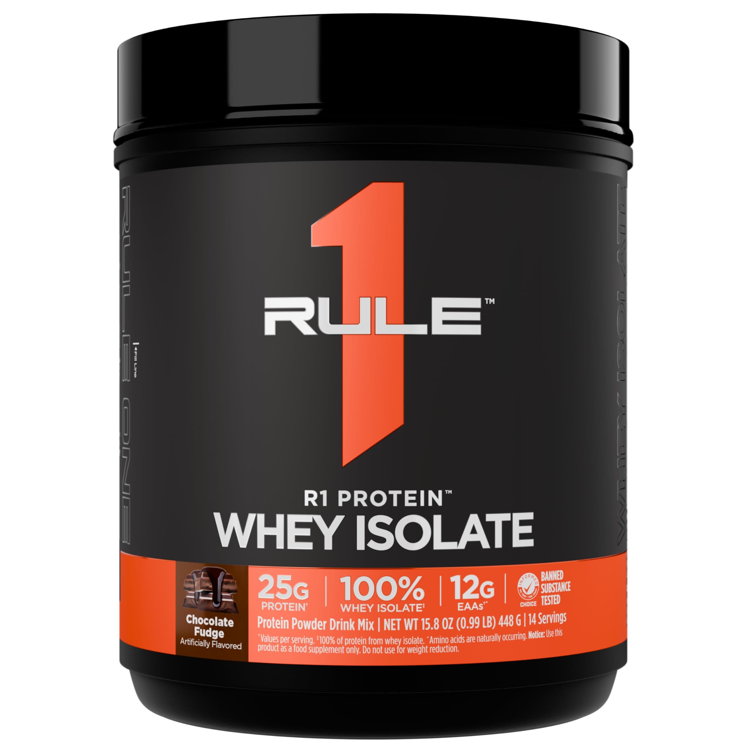 Rule 1 R1 Protein Whey Isolate - with 25g Protein & 6g BCAA Exclusively from Isolated & Hydrolyzed Sources for Workout Recovery (1 Pound*, Chocolate Fudge)