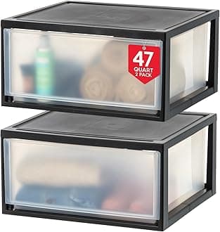 IRIS USA 47 Qt. Plastic Drawer Storage Organizer Stacking Drawers, 2-Pack, Stackable Unit with Sliding Drawer for Clothes Bedroom Kitchen Under Sink Pantry Craft Room Bathroom Dorm Office, Black