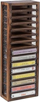 FARM IN Cassette Tape Storage, Farmhouse Style Cassette Rack Tower, Single-Sided 16-Slot, Rustic Solid Burnt Wood & Diamond Metal Wire Mesh
