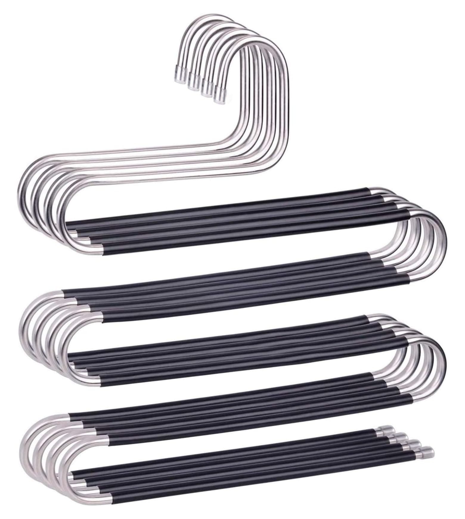 HOUSLET4 Pack S-Shape Pants Hangers Space Save Non-Slip Trousers Hangers Stainless Steel Clothes Hangers Closet Storage Organizer for Pants Jeans Scarf Hanging Black (4 Pack)