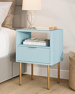 Masupu Night Stand,Mid-Century Modern Bedside Table with Storage Drawer and Open Wood Shelf,Small Gold Frame Side Table for Bedroom,Living Room, Blue