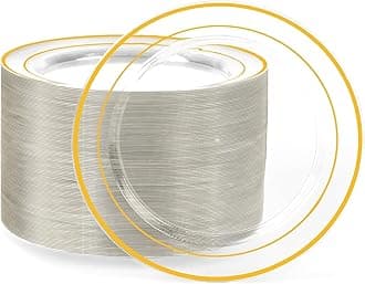 I00000 100Pcs Small Clear Gold Dessert Plates,Clear Disposable Plates with Gold Rim 7 Inch,Premium Hard Fancy Small Plate,Perfect for Birthday, Wedding & Party