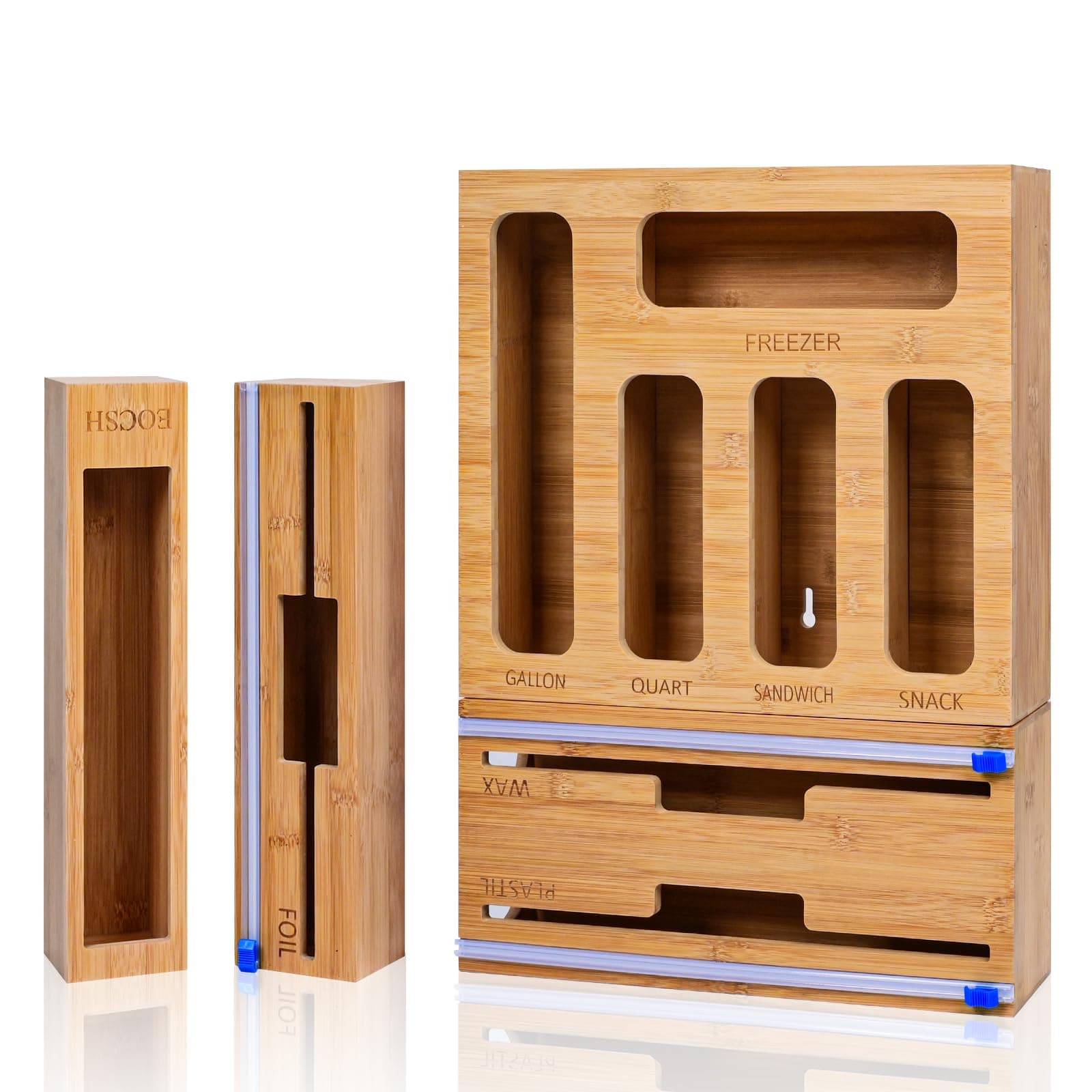 Storage Bag Organizer for Kitchen Drawer, 9 IN 1 Bamboo Foil and Plastic Wrap Dispenser with Cutter, Drawer Organizer for Gallon, Quart, Sandwich, Snack