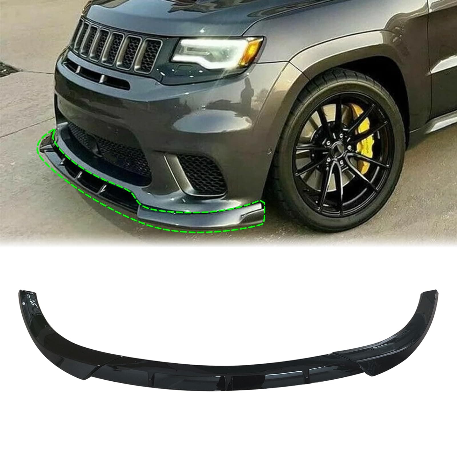 SHOWSEN 3PCS Glossy Black Front Bumper Lip Compatible with 2014-2021 Jeep Grand Cherokee SRT/2018-2021 Trackhawk Front Bumper Lip Spoiler Kit