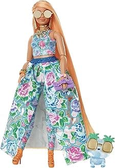 Extra Fancy Fashion Doll & Accessories with Curvy Shape & Orange Hair in Floral 2-Piece Gown with Pet Kitten