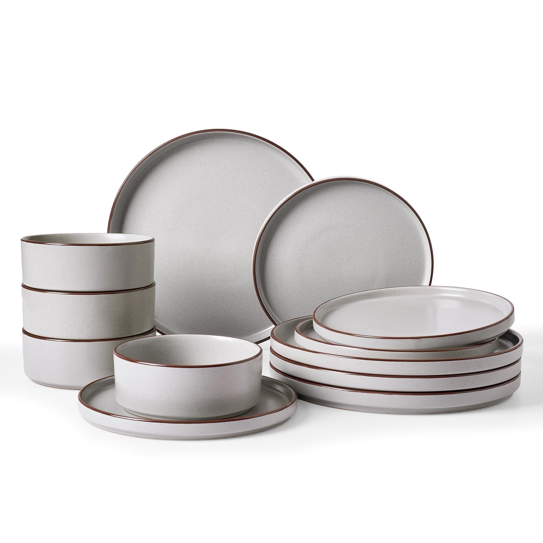 Famiware Nebula Ridge Stoneware Dinnerware Sets, Plates and Bowls Sets for 4, 12 Pieces Dishes Set, Microwave and Dishwasher Safe Kitchen Plates, Light Gray