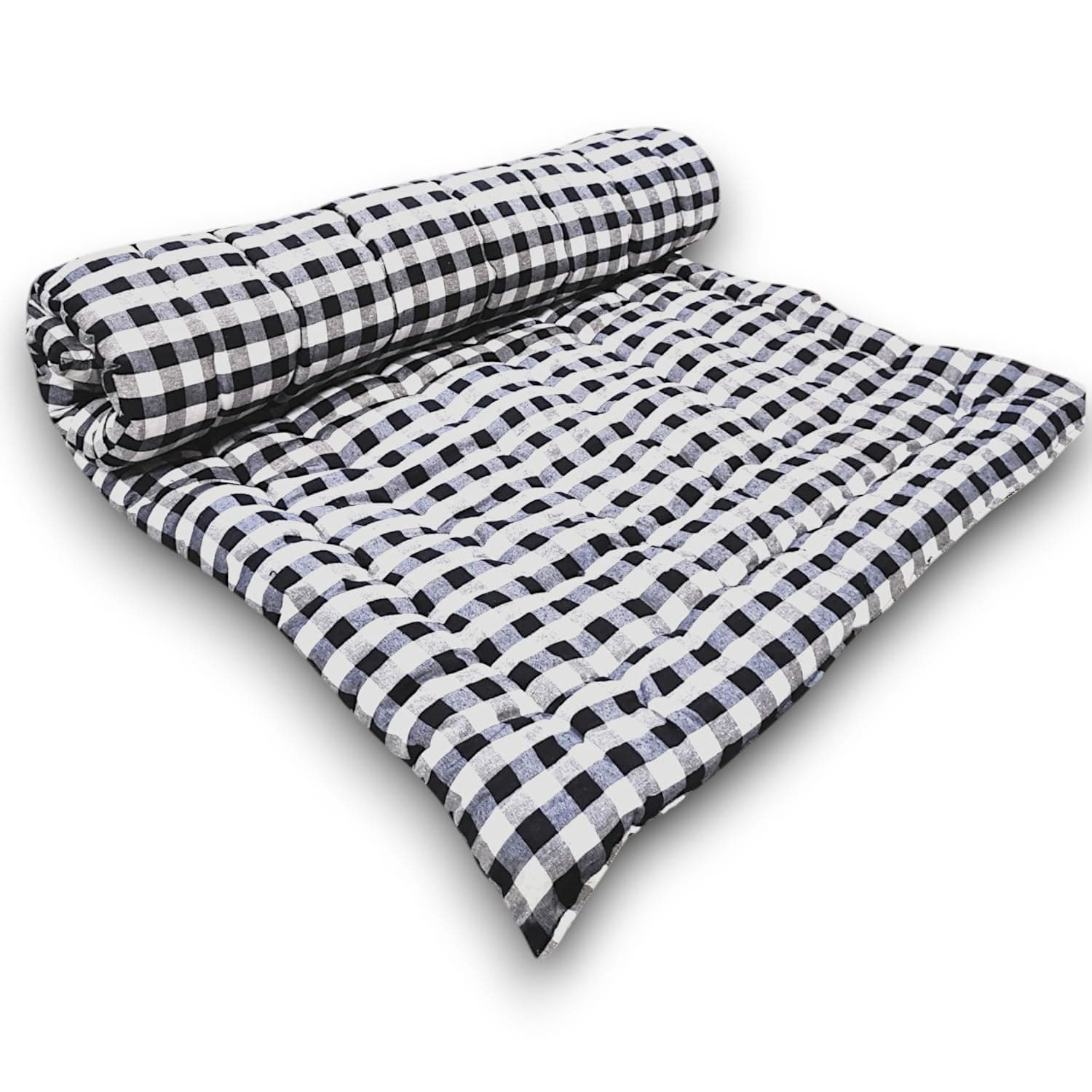 Soft Thick Premium Cotton Quilt|Movable Foldable Rollable Light Weight Filled Single Firm Cotton Mattress|Gadda(Ghingam Plaid,1 Sleeping Capacity,Black&White Check (72X60 Inches, Queen)