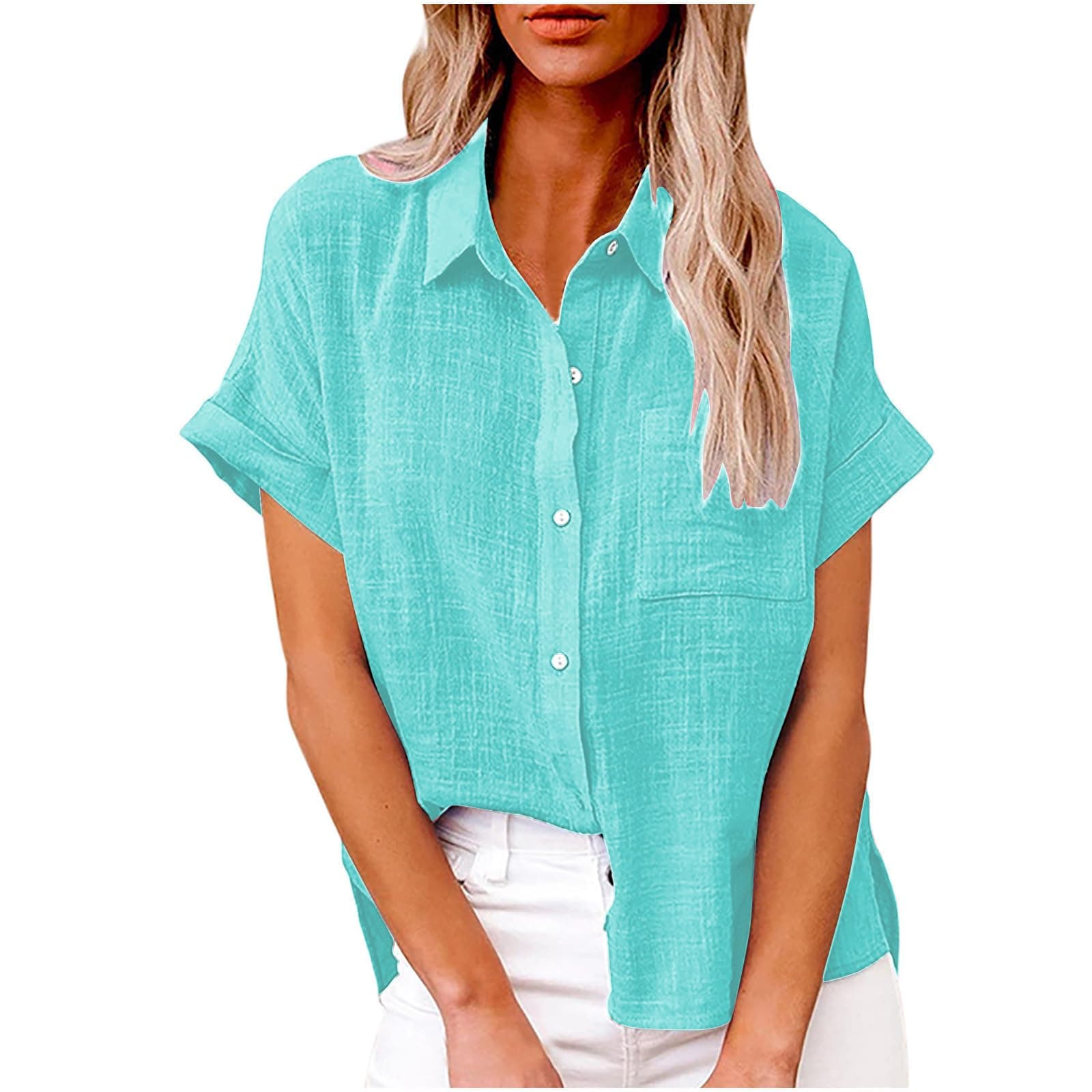 GenericWomens Button Down Cotton Linen Shirts V Neck Roll Up Short Sleeve Blouses Loose Collared Shirt Summer Casual Tops