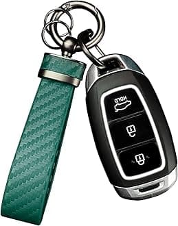 Turcee Carbon Fiber Car Keychain,Interior Accessories Keychains Leather Car Key Fob,Car Accessories Key Ring & Anti-Lost D-Ring(Green)