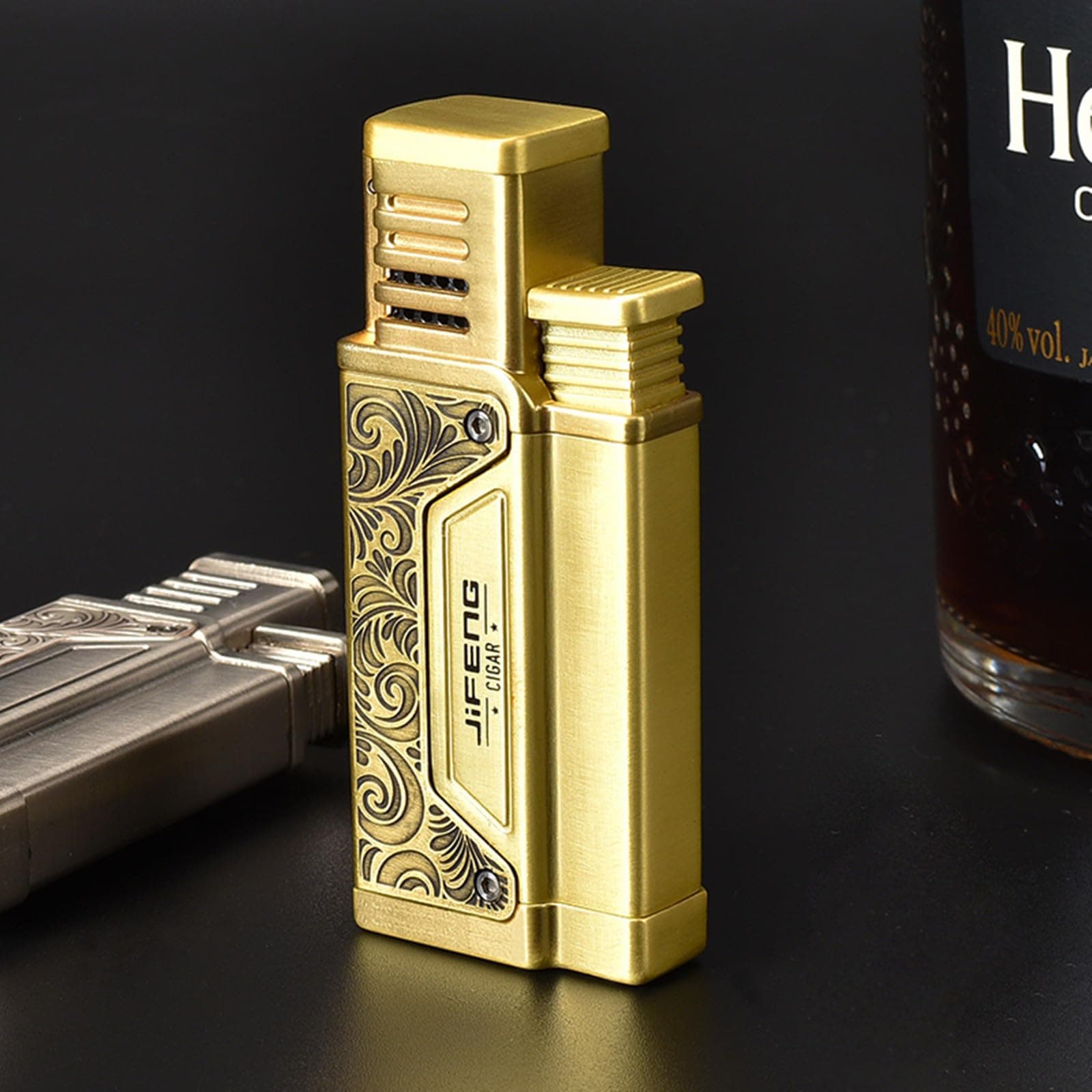 Cigar Torch Lighter, Windproof Straight Jet Flame, Built-in Cigar Punch, Visible Fuel Window,Gift Box for Men Refillable Butane Lighter (Butane Not Included)