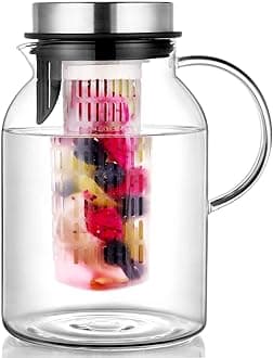 Glass Water Pitcher, Fruit Infuser Pitcher with Removable Lid, High Heat Resistance Infusion Carafe for Hot/Cold Water, Flavor-Infused Beverage & Iced Tea - 2 Qt