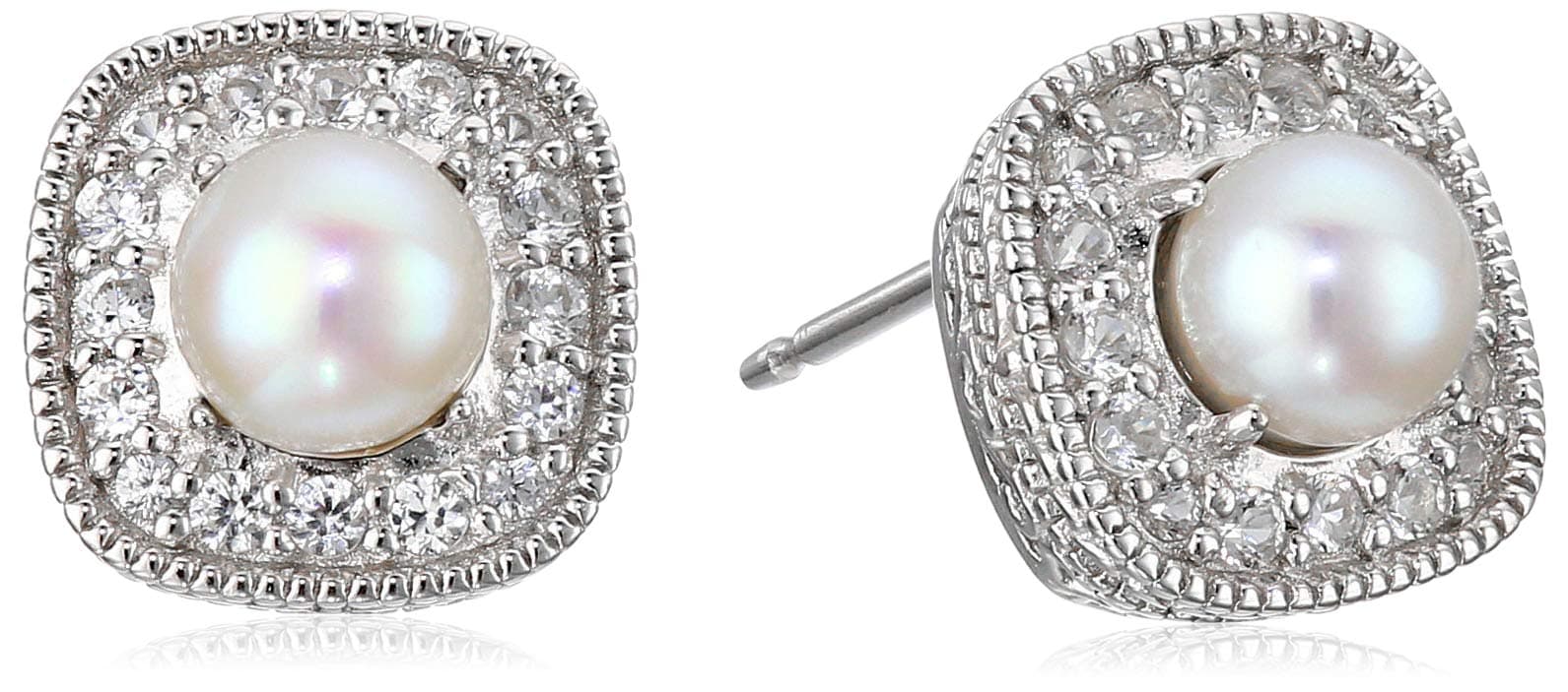 Amazon EssentialsSterling Silver Cushion Cut Birthstone and Created White Sapphire Halo Stud Earrings (previously Amazon Collection)