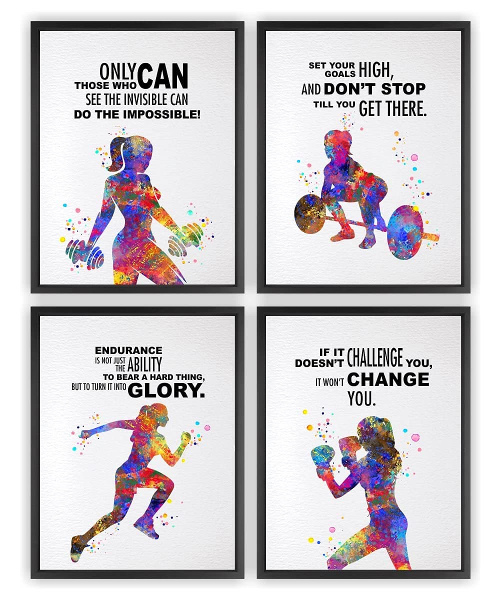 Dignovel Studios 11X14 Set of 4 Unframed Intensive Workout Training Exercise Running Boxing Weight Lifting Watercolor Art Woman Gym Inspirational Quotes Motivational Wall Decor DN638