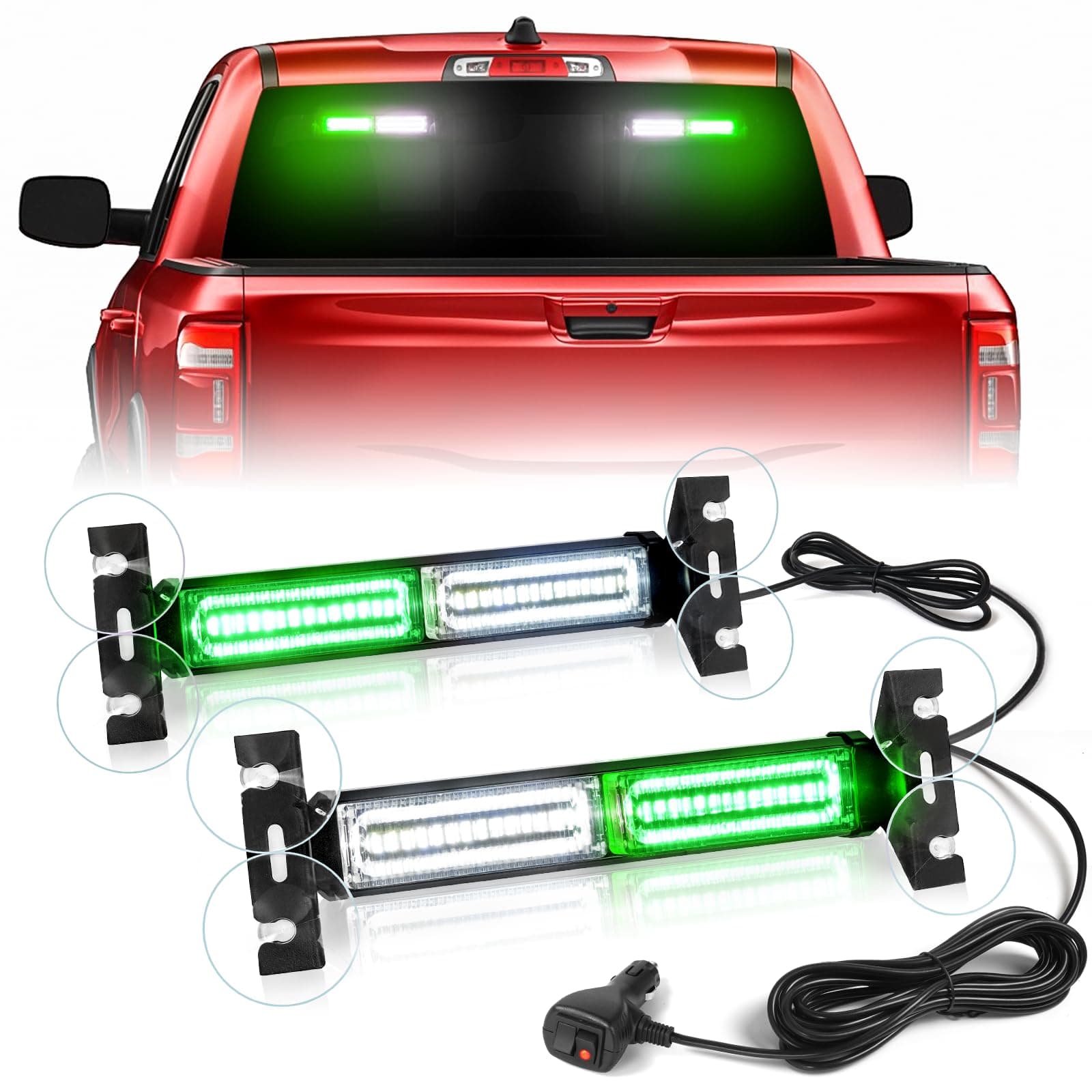 HLauto 1002L Emergency Strobe Traffic Advisor Light Bar: 40LED Dash Safety Warning Flashing Front/Rear Windshield Visor Light for Construction Vehicle, Trucks (2x10.7inch, Green White)