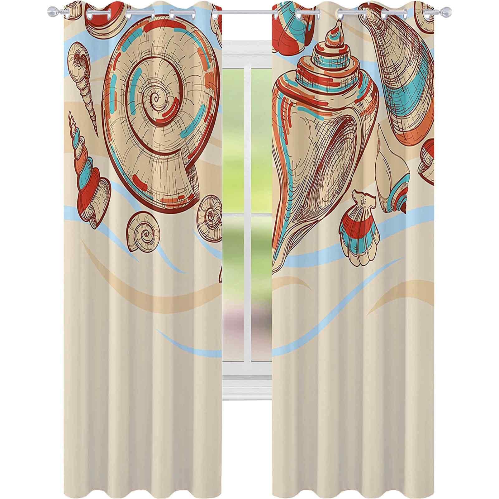 Printed Blackout Curtains, Pastel Colored Macro Seashells Picked From Beach Drifts Coral Marine Mollusk Theme, W52 x L84 Grommet Blackout Drapes for Living Room, Cream Orange Blue