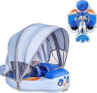 Upgraded Baby Pool Float Mambobaby Float with Canopy, Non-Inflatable Baby Floats for 3-24 Months, No Flip Over Swim Trainer for Infants (Bird-Blue)