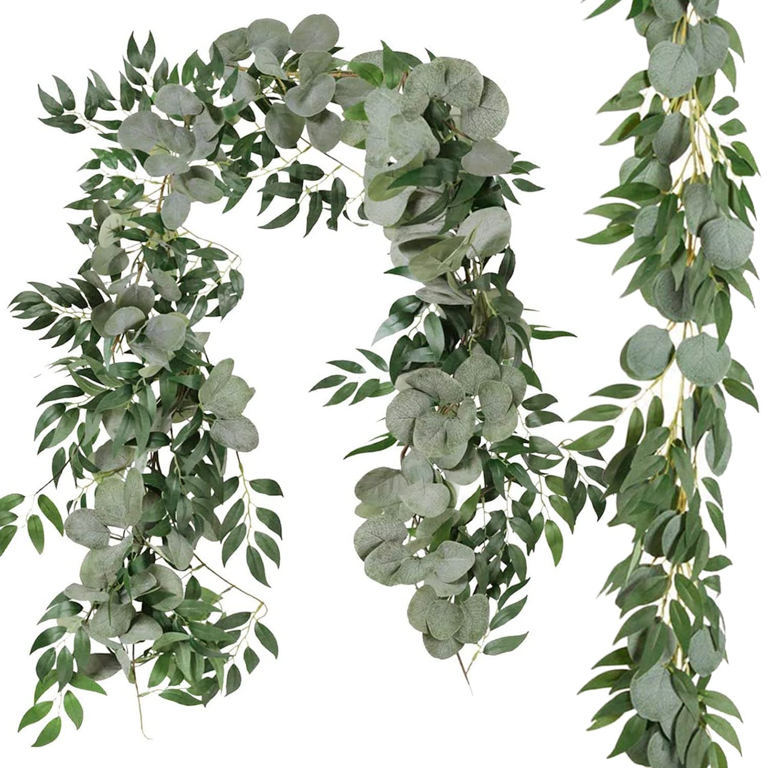 Cekene 2 Pcs 13 Ft Artificial Eucalyptus Garland with Willow Leaves Fake Hanging Greenery Vines Table Runner Garland for Wedding Backdrop Arch Wall Decor (2pcs, eucalyptus blend willow)