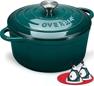 Overmont Enameled Cast Iron Dutch Oven - 5.5QT Pot with Lid Cookbook & Cotton Potholders - Heavy-Duty Cookware for Braising, Stews, Roasting, Bread Baking bottle green