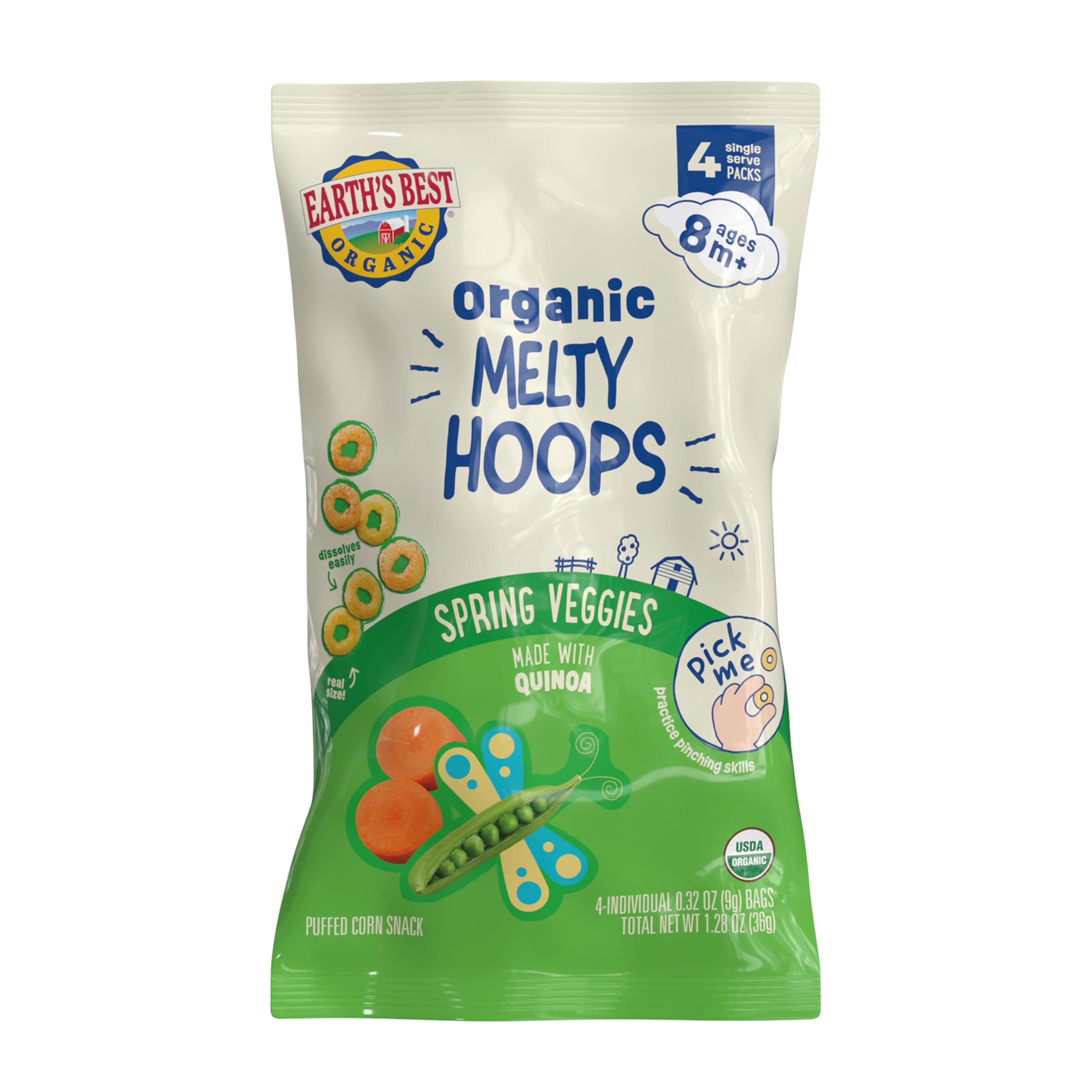 Earth's Best Organic Melty Hoops, Bite-Sized Snacks for Babies 8 Months and Up, Spring Veggie, 0.32 Ounce Individual Bags (Pack of 4)