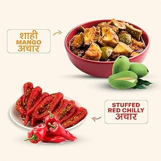 Navrang Homemade Combo of Shahi Mango Pickle, Aam ka Achar and Banarsi Stuffed Red Chili Pickle, lal mirch mirchi ka Bharwa Indian achar Less Oil Ghar sa Swad with Indian Taste, 200g each