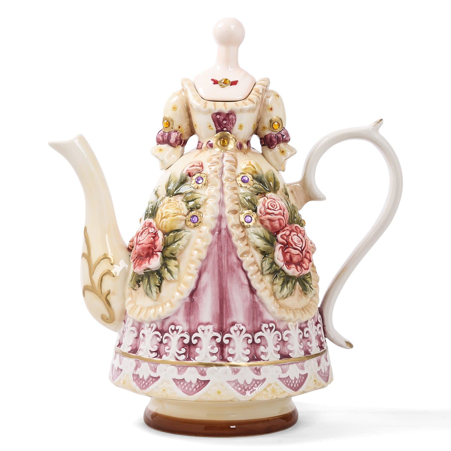 Large Ceramic Teapot and Coffee Pot with Lid, 3D Embossed Victoria Pink Rose Flowers Decorative Teapot(Red）