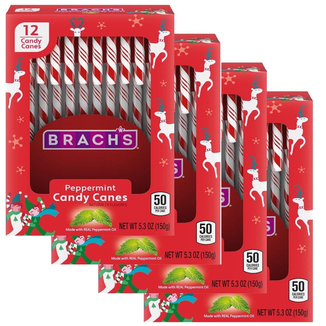 Brachs Bobs Red & White Peppermint Candy Canes, Naturally Flavored Christmas Candy, Stocking Stuffers for Kids, Holiday Classic, 5.3 Oz, 12 Count - Pack of 4
