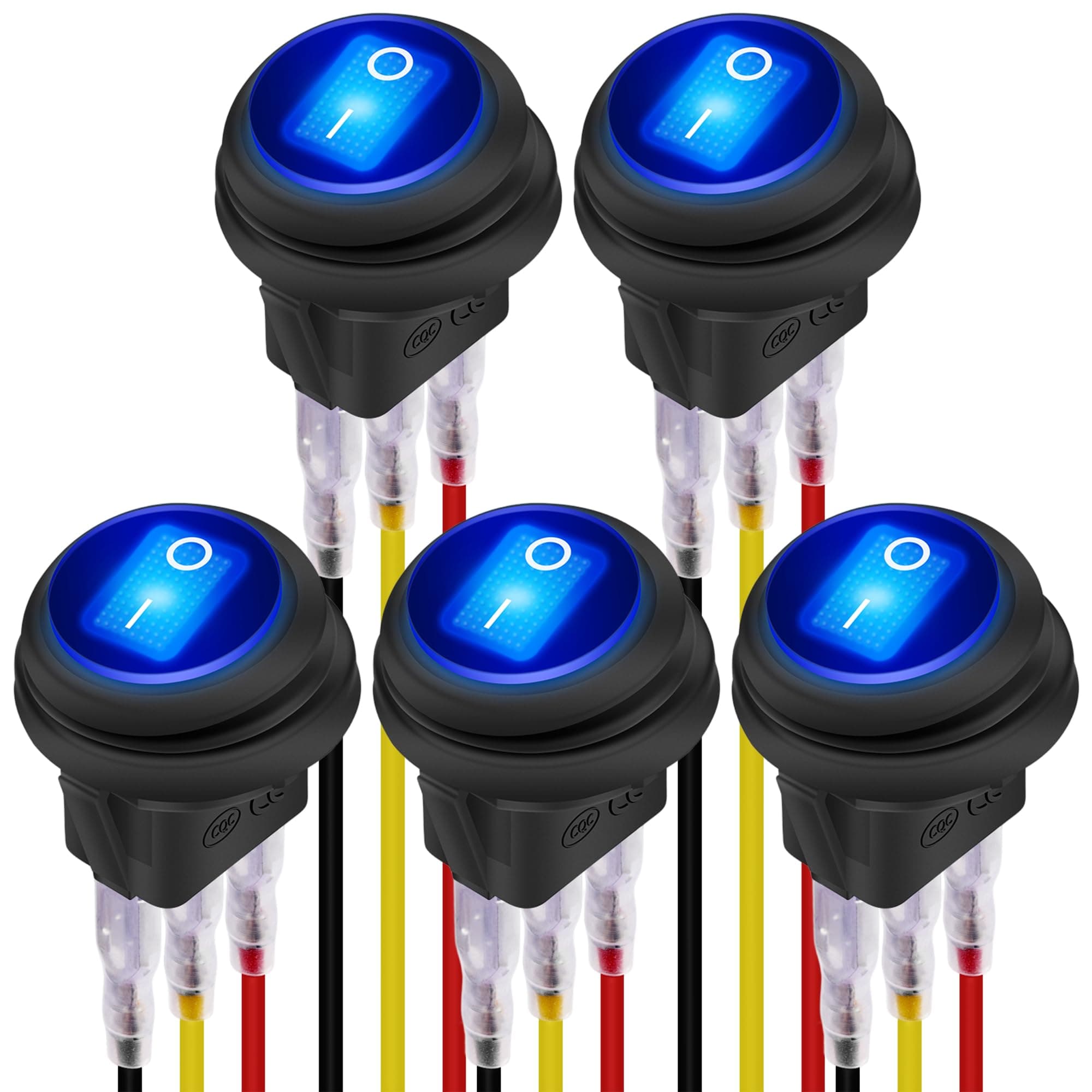 DaierTek 5pcs 12V 20A Waterproof Rocker Switch Blue LED Lighted Round ON/Off 3 pins Weatherproof Toggle for Marine Car RV Truck