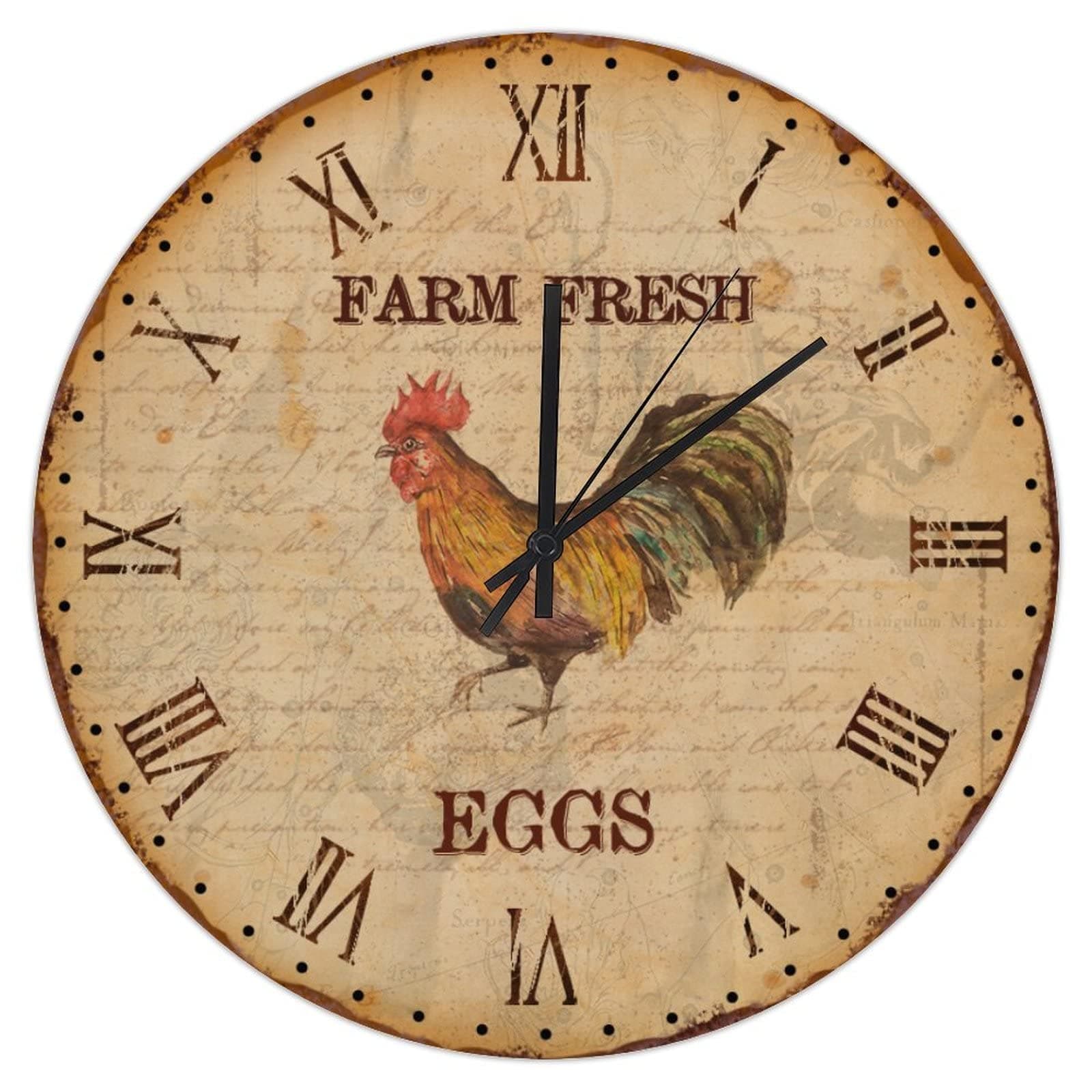 Farm Fresh Eggs Clock Rooster Farm Round Wall Clock 15 Inch Silent Non-Ticking Decorative Wall Clocks Quartz Battery Operated Clock Farmhouse Vintage Home Decor for Bedroom Living Room Kitchen Office