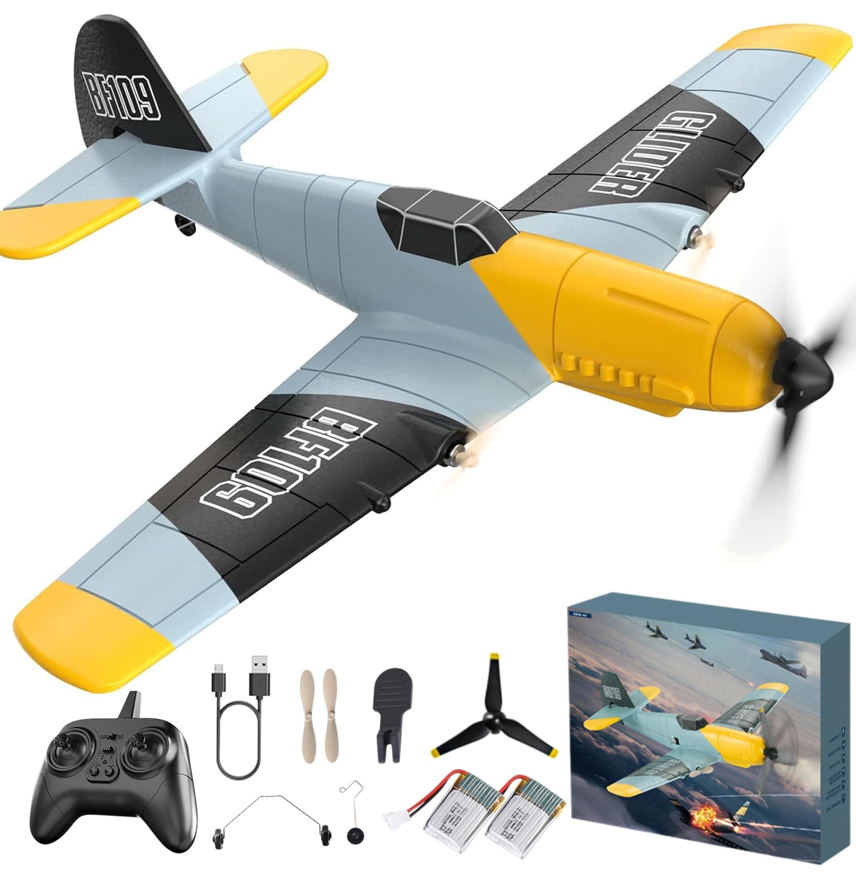 RC Plane, 3 Channel Remote Control Airplane, 6-axis Gyro Stabilizer BF-109 RTF RC Airplane with 2 Batteries, Easy to Fly for Beginners Adults and Kids