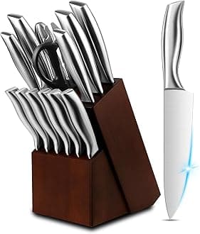 Knife Set, 14 Pieces Kitchen Knife Set with Wood Block, Chef Knife with 6 Pieces Serrated Steak Knives, High Carbon Stainless Steel Knife Sets for Multipurpose Cooking