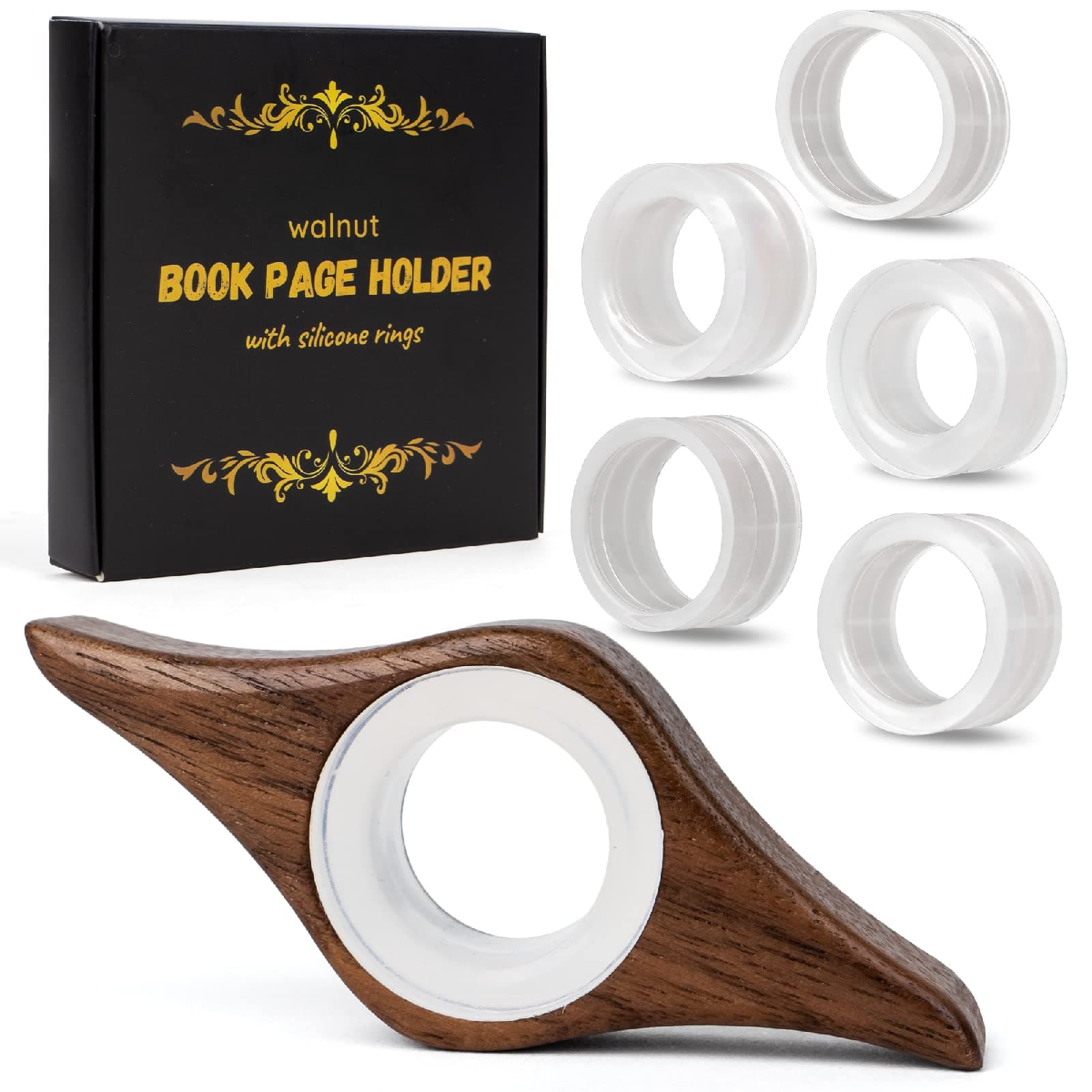 Book Page Holder Keep Book Open Wooden Walnut Thumb Reader 5 Silicone Rings Reading Lovers Accessories Handmade Gifts Women Spreader Bookmark