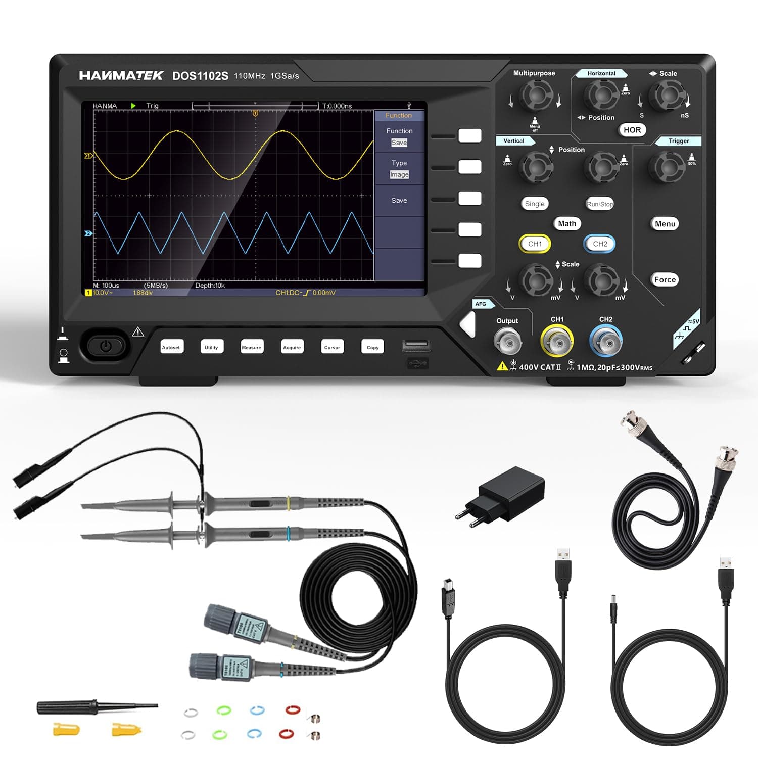 HANMATEK 2 in1 Digital Storage Oscilloscope with Built-in Waveform Generator, 110MHz Bandwidth, 2 × 500MSa/s Sampling Rate, Dual-Channel DOS1102S