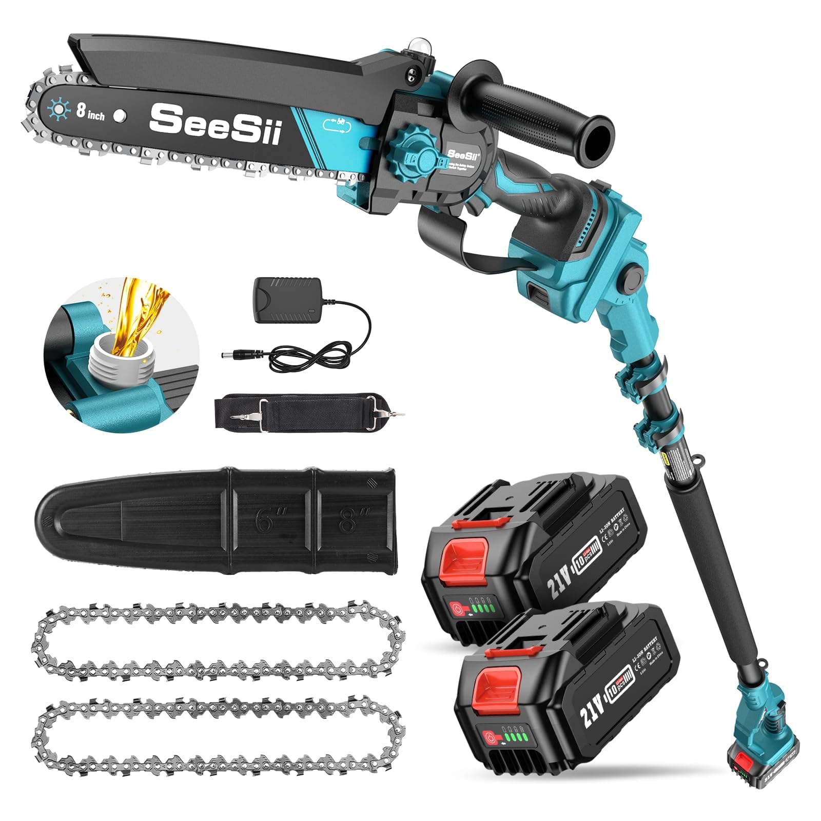 SEESII 2-in-1 Electric Pole Saws for Tree Trimming, 8 Inch Brushless Mini Chainsaw with Extension Pole, Cordless Pole Chain Saw, Tree Trimmer Limb Branch Cutter Pruner with 2 x 4.0Ah Batteries, PS810