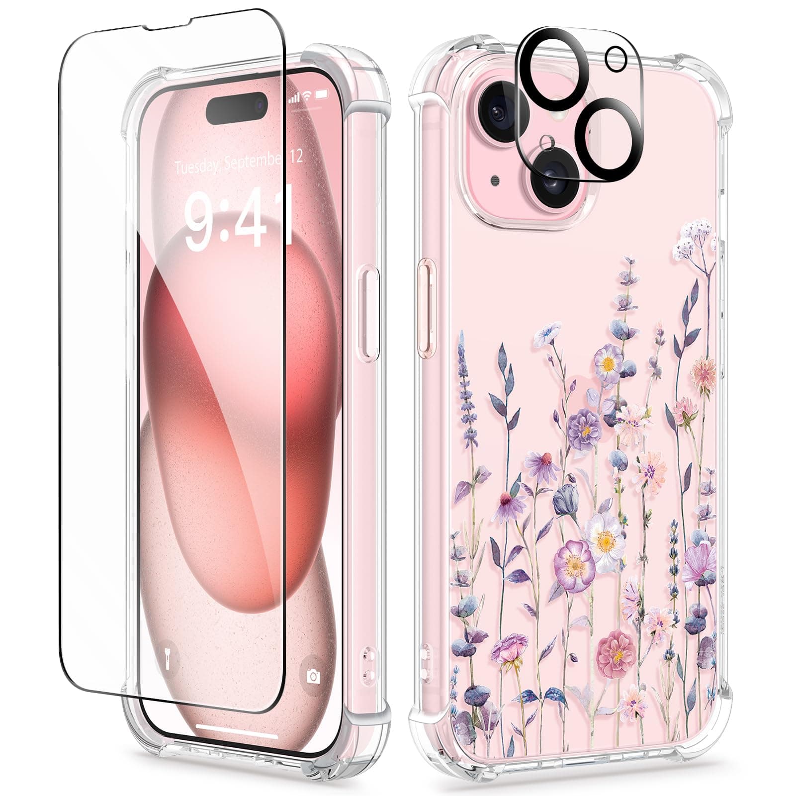 GVIEWIN Compatible with iPhone 15 Plus Case 6.7" 2023, with Screen Protectors+Camera Lens Protectors, Non-yellow Flower Clear TPU Slim Bumper Shockproof Anti-Scratch Protective Cover,Floratopia
