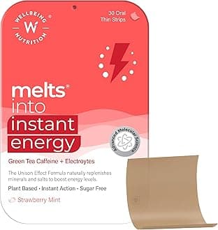 Wellbeing Nutrition Melts Instant Energy, 100% Plant Based Green Tea Caffeine, Essential Electrolytes and Vitamins for Endurance, Sports Hydration, Pre Workout Energy Boost, 30 Oral Strips
