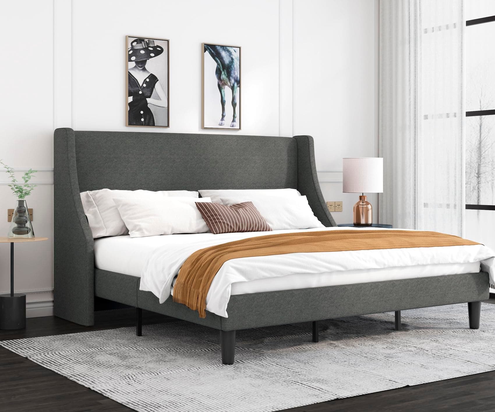 Allewie Platform Bed Frame King Size with Upholstered Headboard – Modern Deluxe Wingback Design, Wood Slat Support, Dark Grey