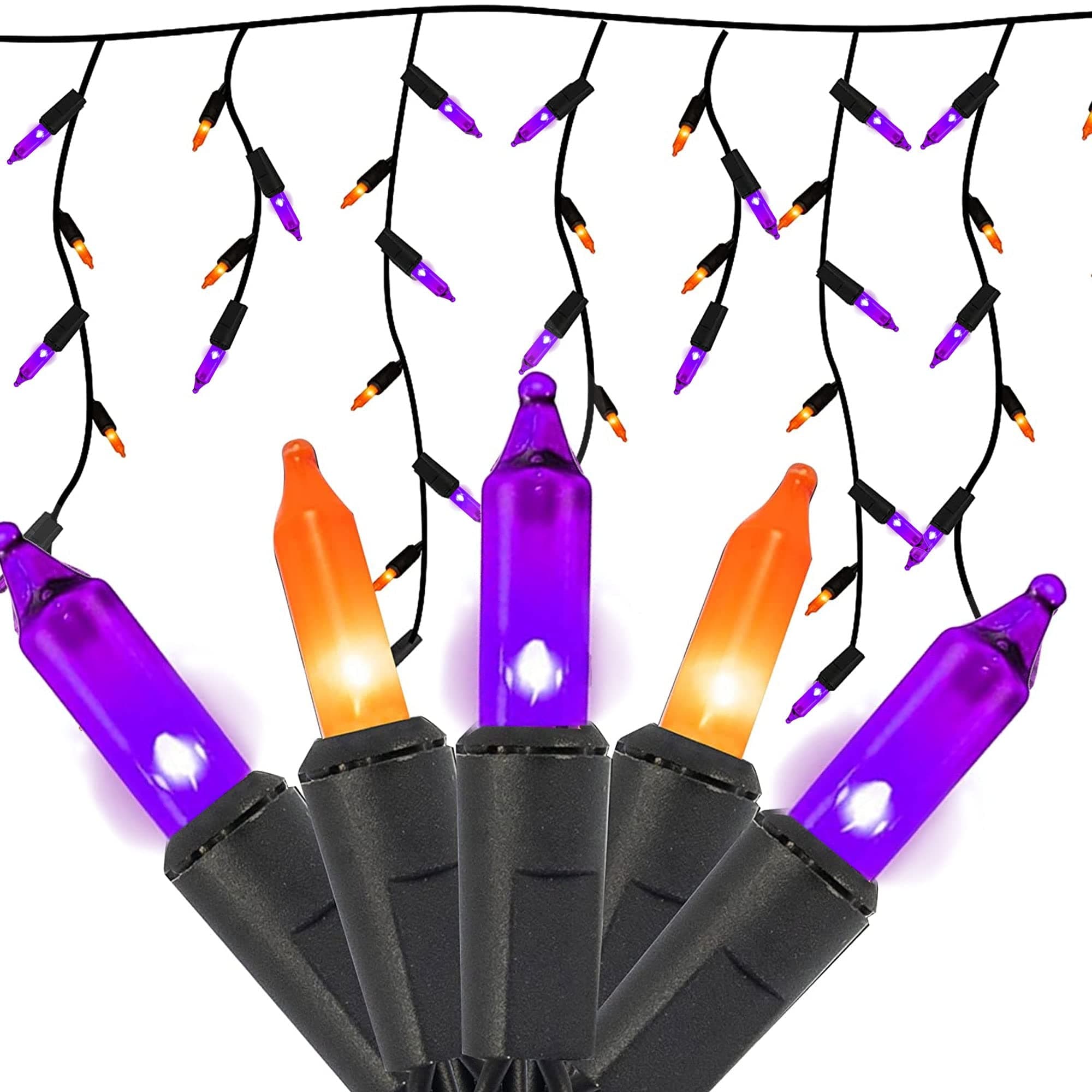 Dazzle Bright 8.5 FT 150 Count Mini Icicle Lights, Halloween Decorations for Indoor Outdoor Home Garden Holiday Party (Purple & Orange)