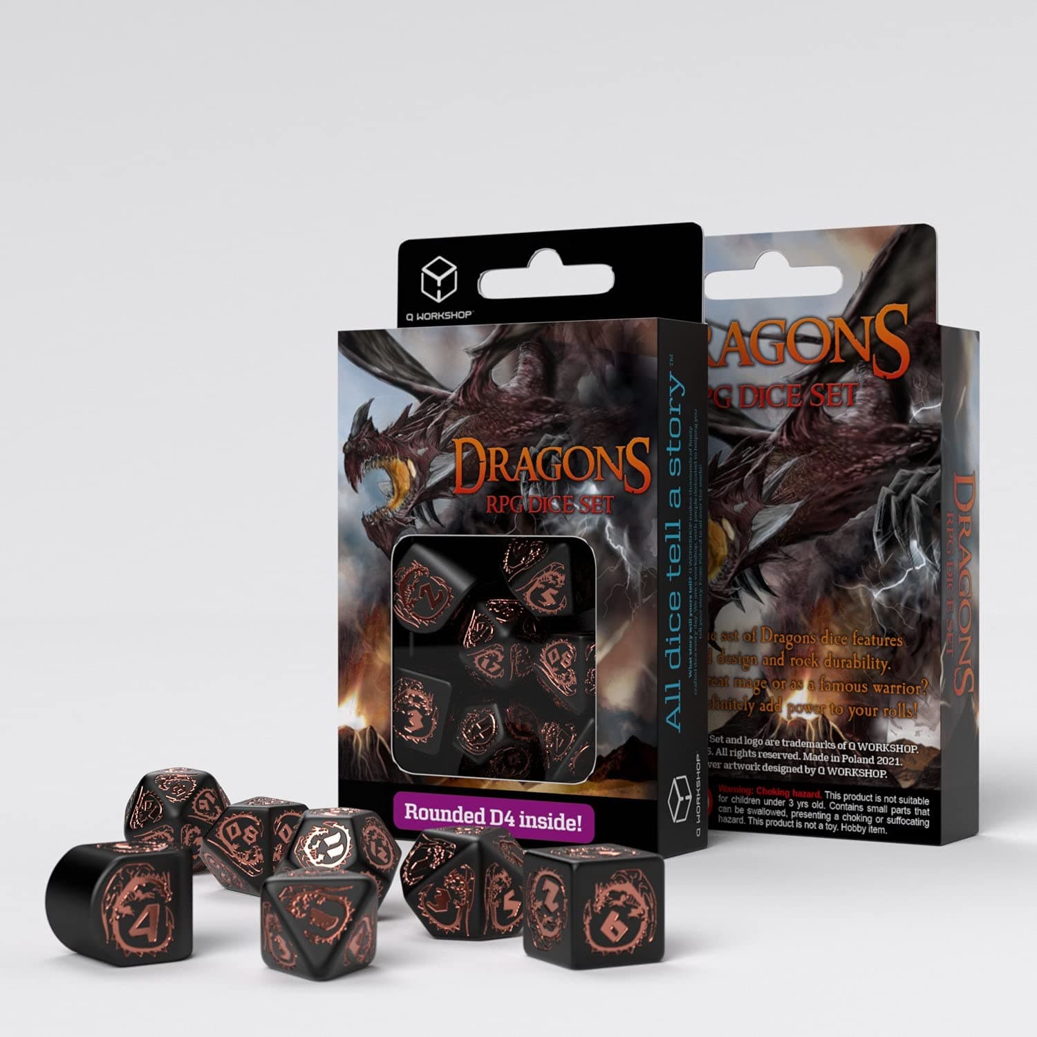 Q-Workshop QWODRA3X Dragons Modern Dice Set Black/Copper (7)