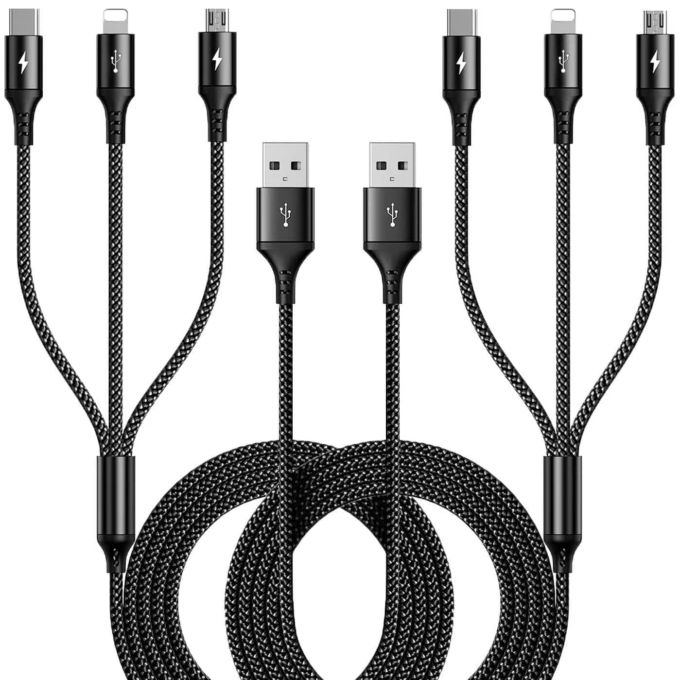 RULUS Multi Charging Cable [2Pack 6ft] 3 in 1 Multiple Fast Charger Cable Nylon Braided Charging Cord Adapter with IP/Type C/Micro USB Ports for Cell Phones