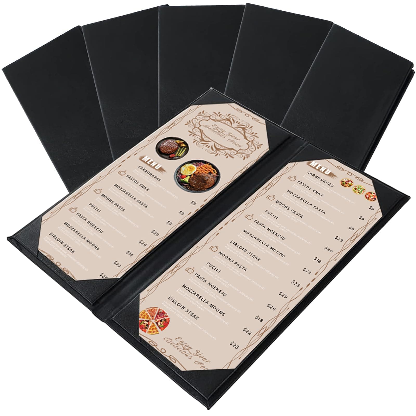 Menu Covers 4.25" x 11" – 5 Pack 2 View Black PU Leather Restaurant Menu Holders, Double Panel with Angled Corners for Food Menus, Wine Lists & Drink Specials & Cocktail, Perfect for Parties