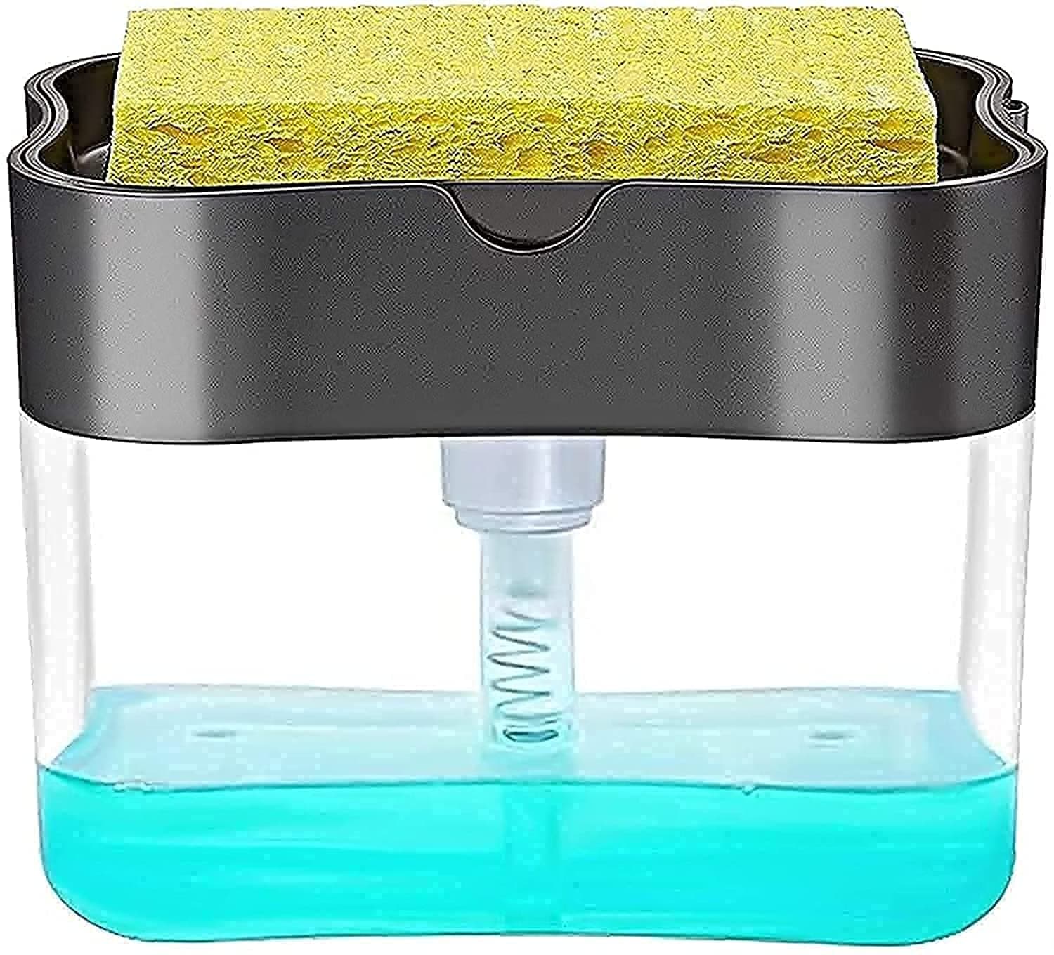 Mumoo Bear 2 In 1 Sponge Rack Shelf Soap Detergent Dispenser Pump, Large Capacity With Sponge, Hand Operation,Affordable, Gray