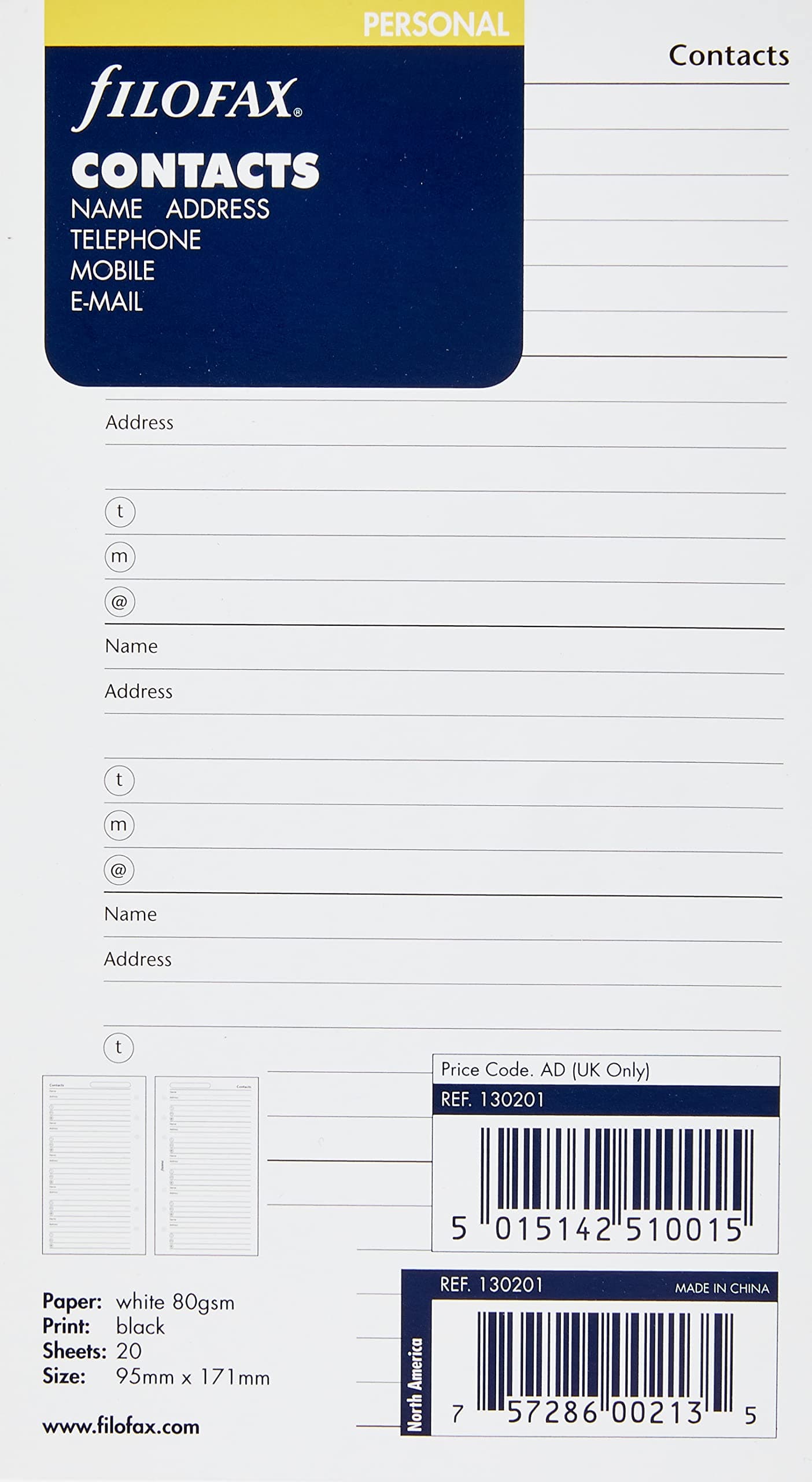 Name/Address/Telephone Refill for Personal & Personal Compact Size, 20 Sheets, White (B130201)