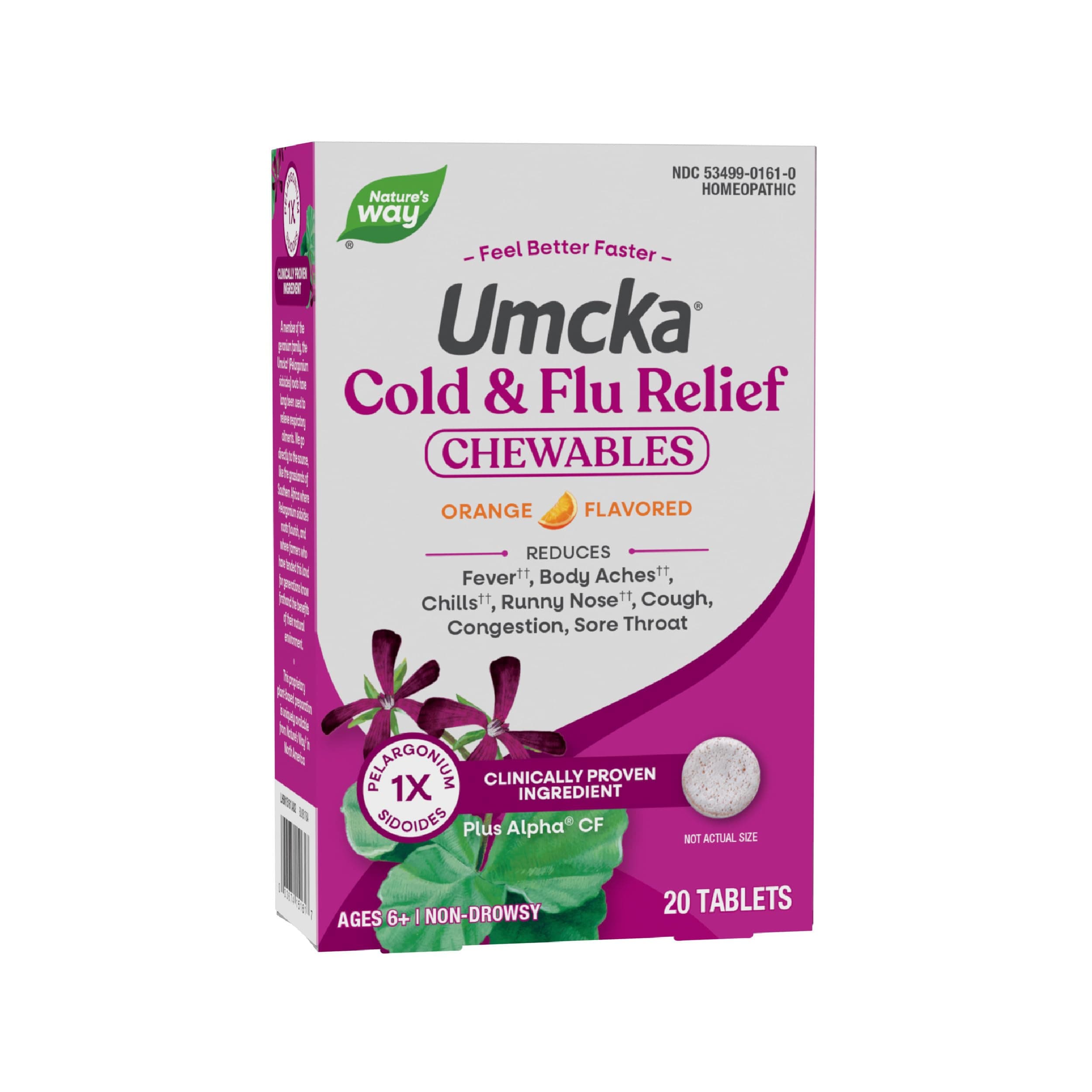 Nature’s Way Umcka Cold and Flu Relief Chewables, Non-Drowsy Multi-Symptom Relief, Homeopathic Cold Medicine and Remedy, Shortens & Reduces Severity of Colds, Orange-Flavored Tablets, 20 Count