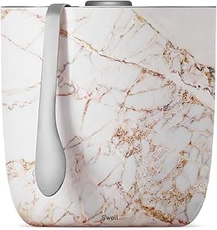 Stainless Steel Ice Bucket with Tongs, Holds 68oz of Ice, Calacatta Gold, Triple Layered Vacuum Insulated Container Keeps Ice Colder for Longer, BPA Free Barware