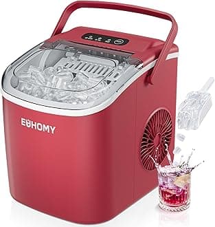 EUHOMY Countertop Ice Maker Machine with Handle, 26lbs Per Day, 9 Ice Cubes Ready in 6 Mins, Auto-Cleaning Portable Ice Maker with Basket and Scoop, for Home/Kitchen/Camping/RV (Red)