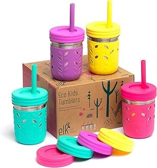 Elk and Friends10oz Stainless Steel Kids + Toddler Drinking Cups | The Original Mason Jars with Lids + Sleeves + Straws | Smoothie Cups | Spill Resistant | Dishwasher Safe | 4 Pack