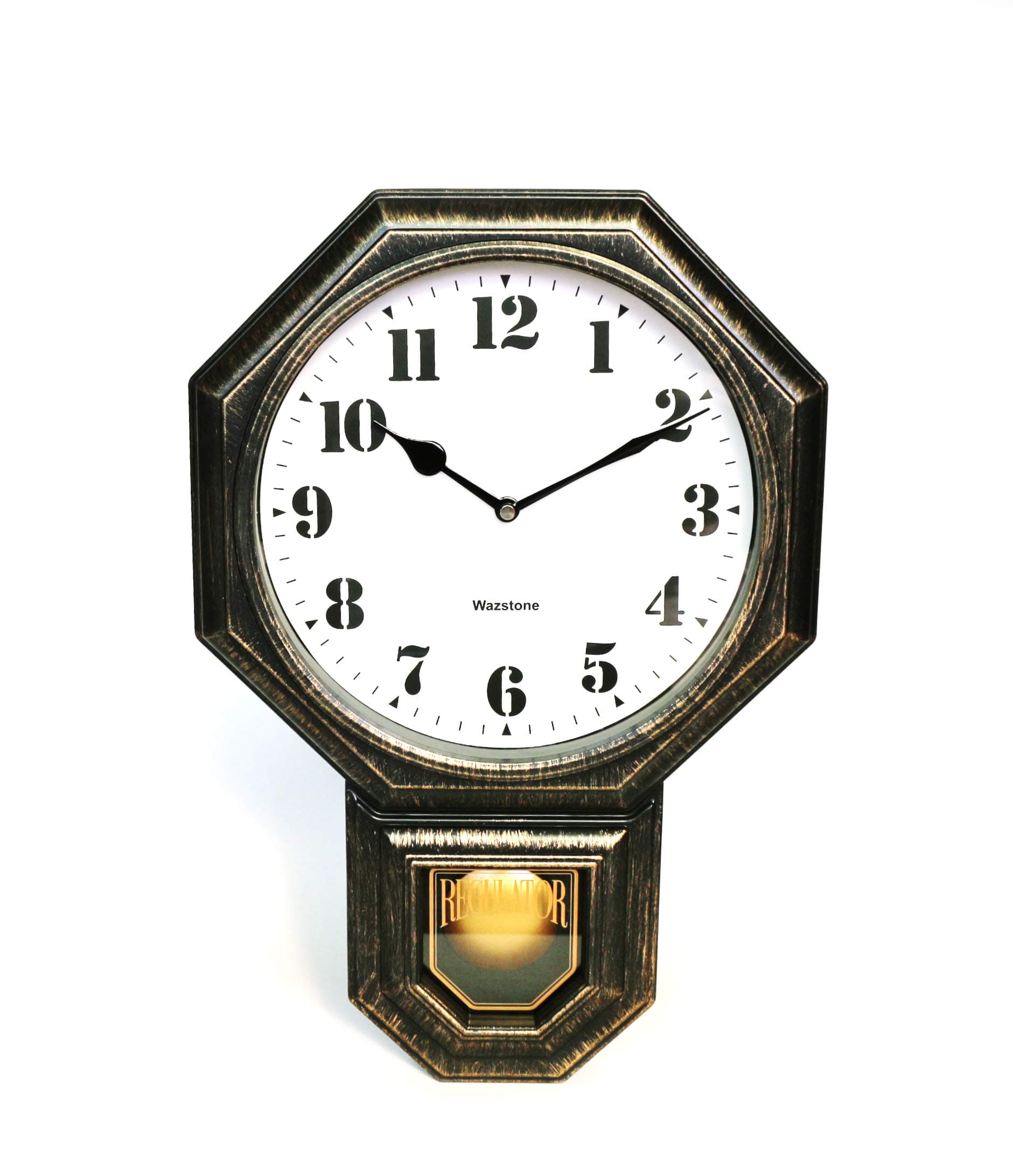 Signature Dark Iron Antique Mini Pendulum Wall Clock, Simulate Metallic Vintage Texture, Non Ticking Silent Sweep Movement, 11.4” x 17” x 2.4”, Retro Classic Style, Plastic Frame with ABS Glass