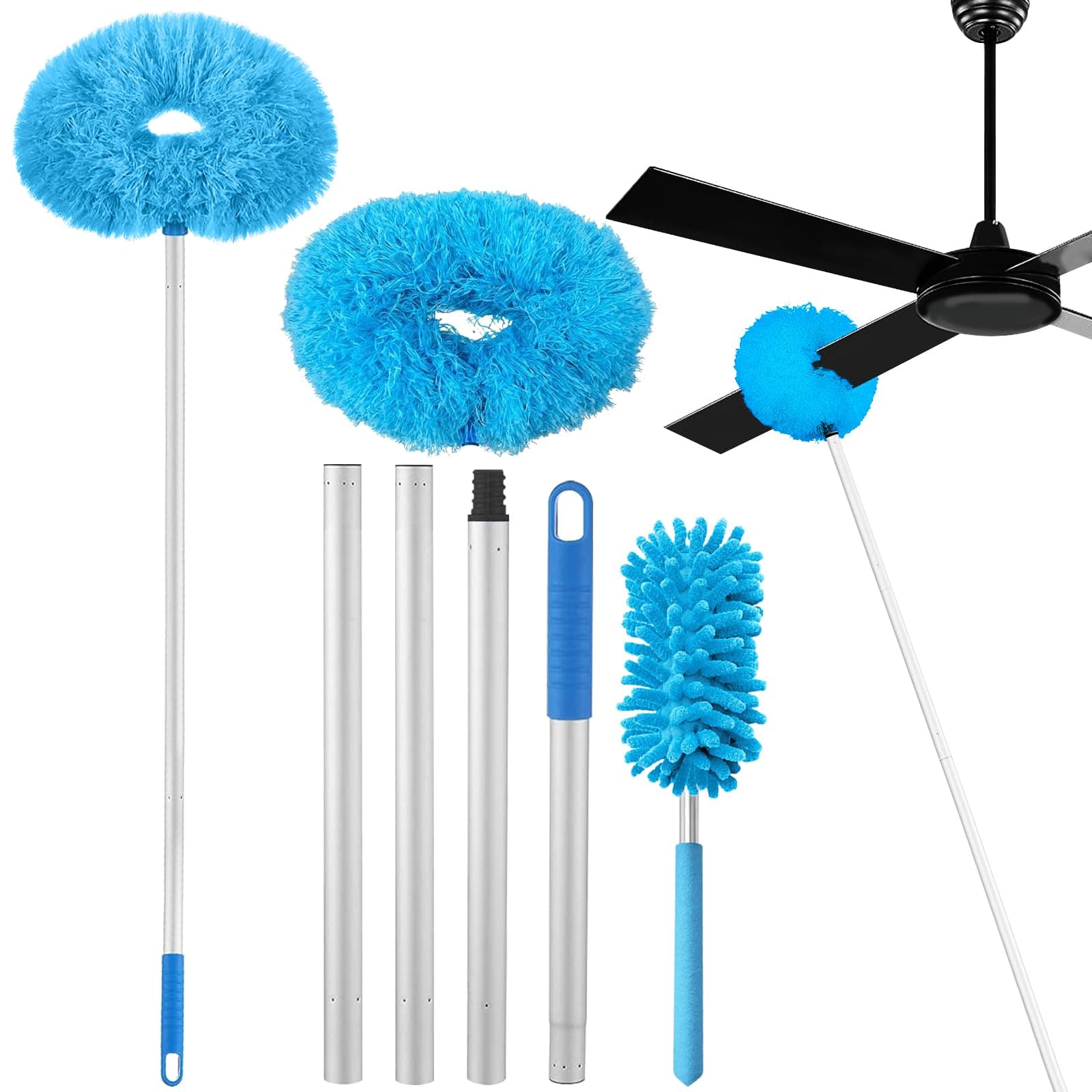 Ceiling Fan Cleaner Duster,Extra Long Dusters with Extension Pole 47 inch for Cleaning, Circle Shape Microfiber Reusable Duster & Flexible Brush, Ceiling Fan Duster for High Ceilings, Furniture (Blue)