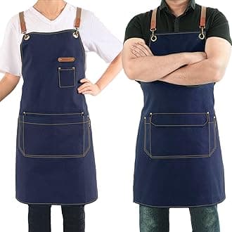 – Canvas Apron with Pockets and Cross-back Straps for Chef Kitchen Cooking BBQ, Barista Bartender Barber Shop and Art Gardening Work Professional Aprons - Navy