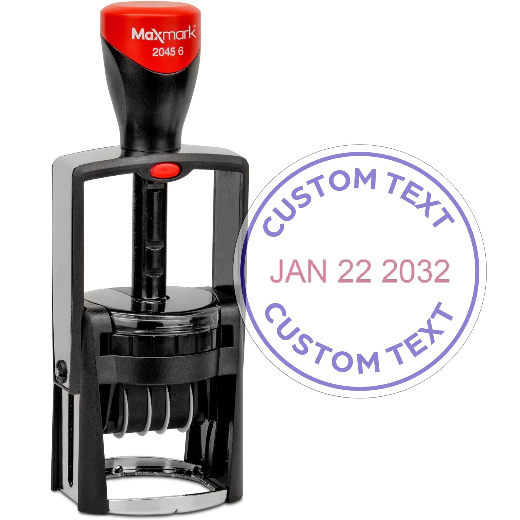 MaxMark Heavy Duty Round Date Stamp with Custom Text, Self Inking Date Stamp - 2045-6 - Choose from Many Font and Color Options